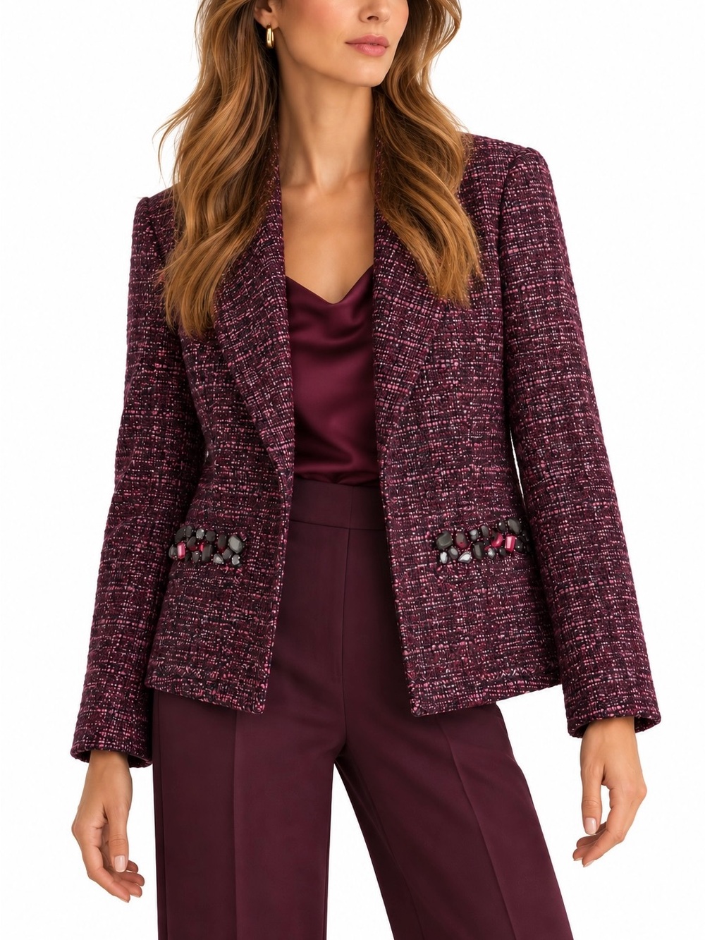 Lafayette 148 New York Blazer Plum Tweed 8 Wool Blend Jeweled Pockets Boucle